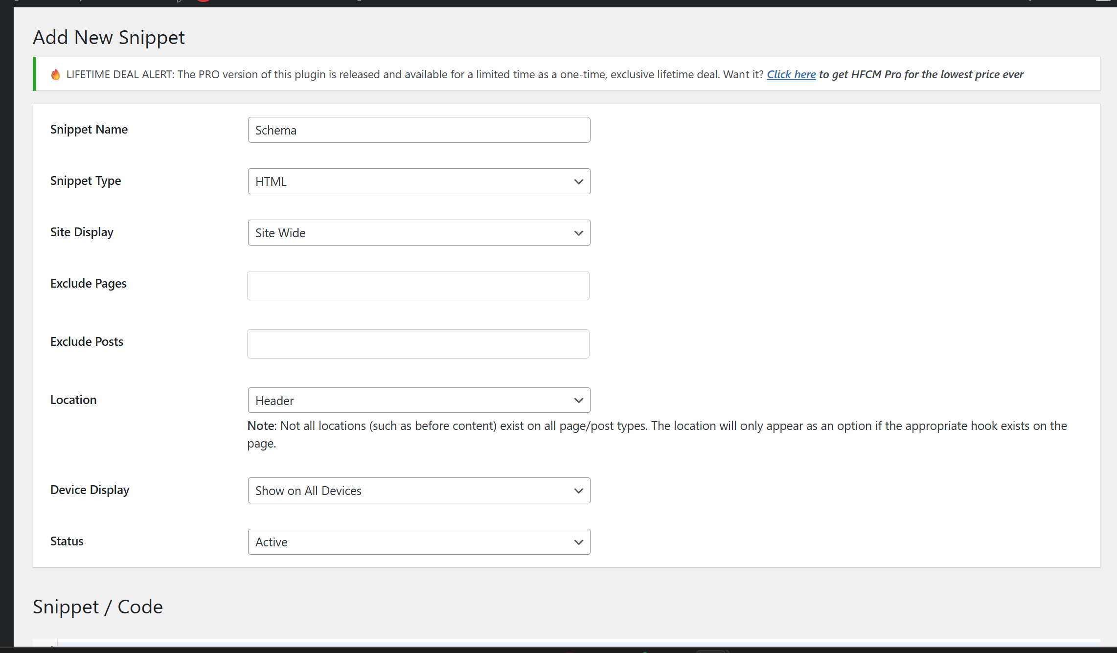 HFCM Add New Snippet form showing name field and header location for JSON-LD schema markup