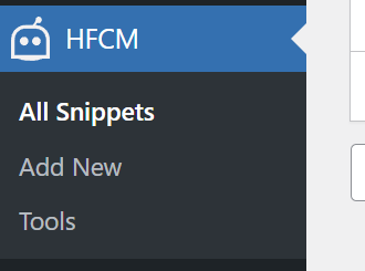 HFCM Header Footer Code Manager menu item in WordPress admin sidebar